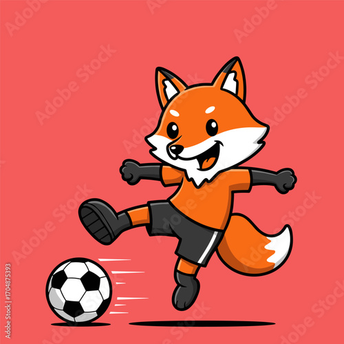 A cheerful fox in an orange jersey kicks a soccer ball mid-action, smiling brightly against a solid red background.