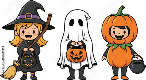 Cute cartoon characters in halloween costumes trick or treating
