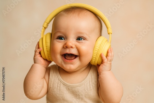 Delighted six month old baby wearing colorful headphones enjoying music therapy boosting early cognitive growth on soft pastel background lighting