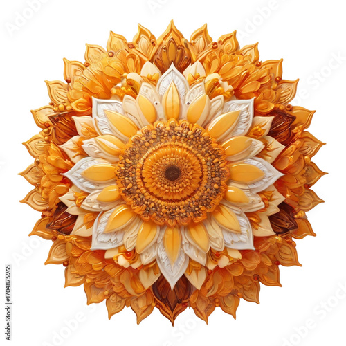 Detailed Sunflower Mandala In Rich Orange And White With Brown Accents floral intricate