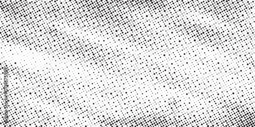 Halftone gradient. Faded stochastic dotwork texture. Random grunge noise background. Black dots, speckles or particles wallpaper. Halftone vector monochrome backdrop