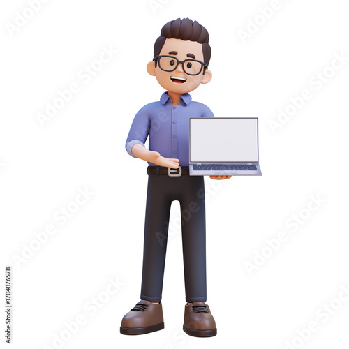 3D cartoon adult male teacher character Standing Presenting with a Laptop