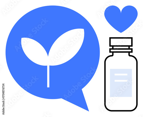 Leaf in speech bubble, medicine bottle, and heart emphasizing eco-health, sustainability, and well-being. Ideal for healthcare, environment, wellness, nature sustainability green lifestyle
