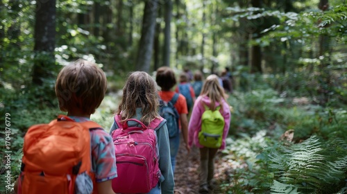 Group of children with backpacks exploring a lush green forest trail, enjoying an outdoor hiking adventure together.