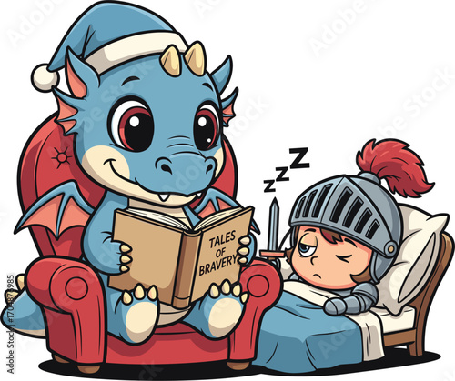 Cute blue dragon reading a bedtime story to a sleeping knight