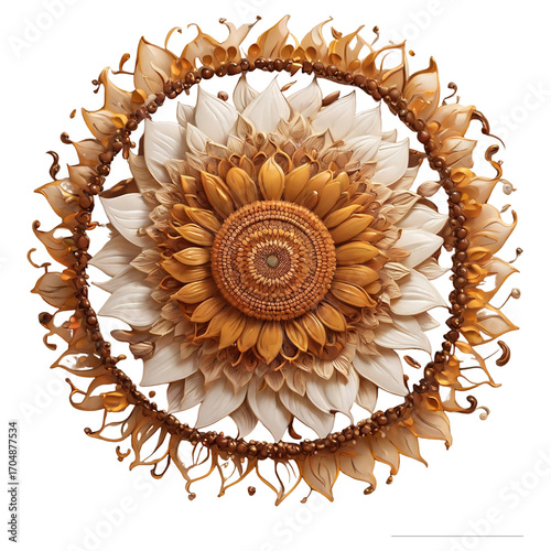 Earthy Toned Sunflower Mandala with White and Gold Petals floral circular