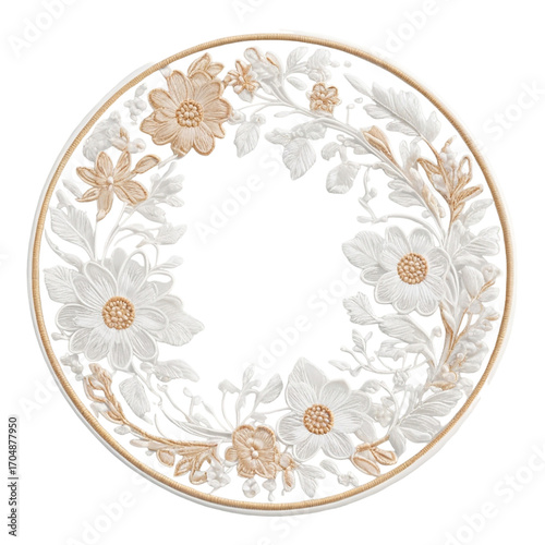 Elegant Circular Frame with White and Tan Floral Embroidery Design image photo