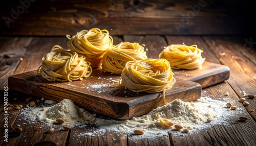 Raw noodle rolls placed on a rustic wooden cutting board