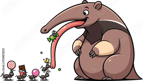 Cute cartoon anteater with long tongue eating small bugs and insects