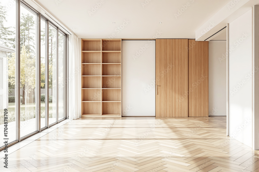 Obraz premium Minimalist bright interior space with wooden bookshelf, sliding doors and herringbone floor illuminated by daylight through large glass windows. Ai generative