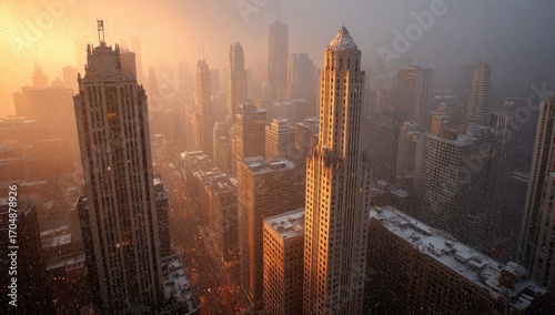 Aerial view of a city skyline at sunrise, blanketed in a light dusting of snow