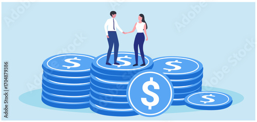 Two business people handshake on pile of money, good deal and agreement for business vector illustration