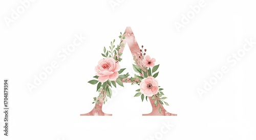 水彩画風 優雅なバラ装飾 アルファベットA 繊細な光彩. AI Generated