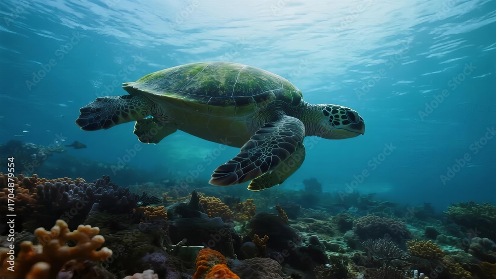 Obraz premium Green Sea Turtle Swimming Quietly in Clear Waters Near Coral Reef, Marine Life Serenity