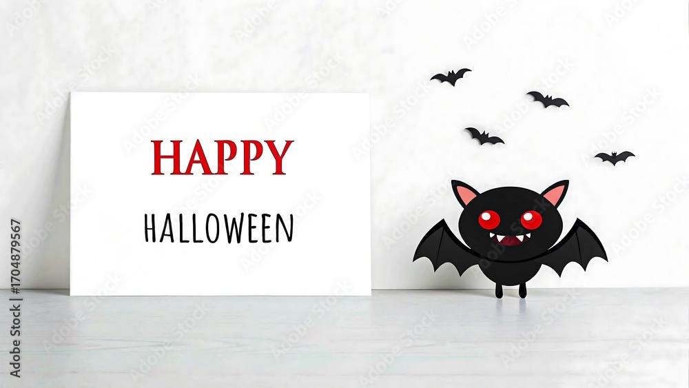Fototapeta premium Happy halloween greeting card with cute cartoon bat and flying bats on wall 