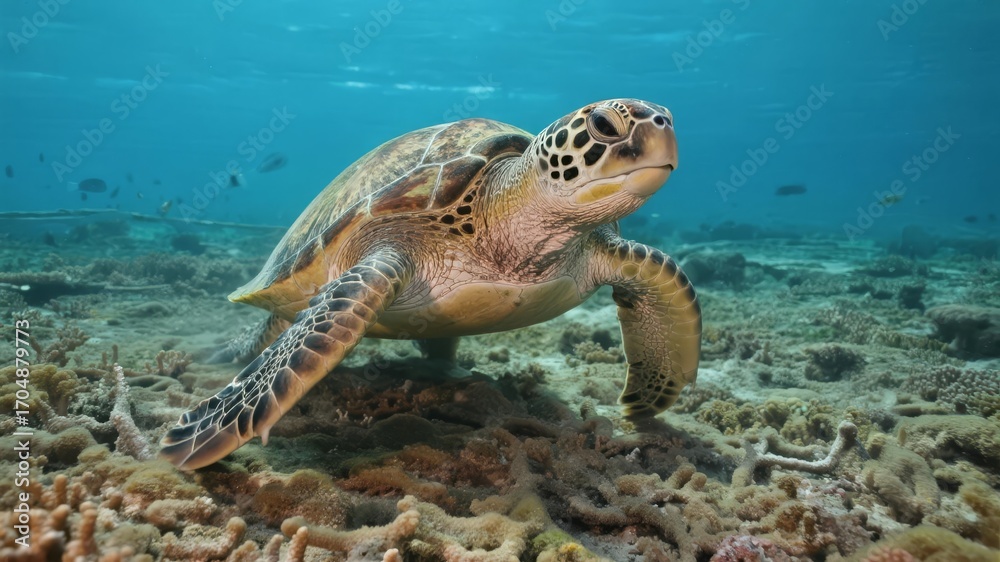 Obraz premium Green Sea Turtle Swimming Quietly in Clear Waters Near Coral Reef, Marine Life Serenity