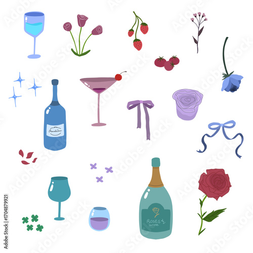 Decorative Set of Wine Glasses, Bottles, Flowers, Ribbons and Fruits Illustration