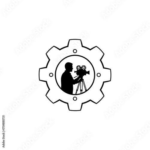 Silhouette of a filmmaker operating a vintage camera within a gear icon, symbolizing film production and media industry.