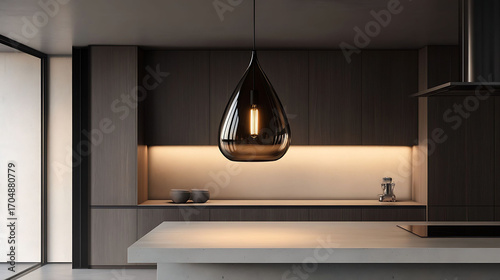 Teardrop-shaped hanging lamp in smoked glass above a minimalist kitchen island with light concrete countertop