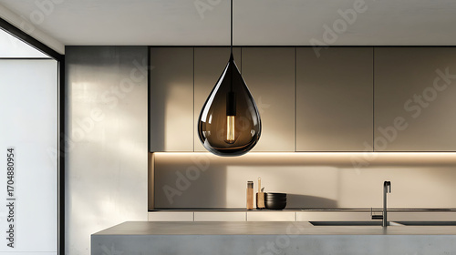 Teardrop-shaped hanging lamp in smoked glass above a minimalist kitchen island with light concrete countertop