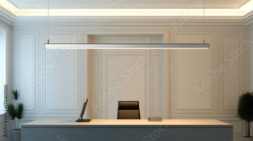 Thin suspended light bar in matte silver, stretching over a minimalist desk with warm white walls and clean lines