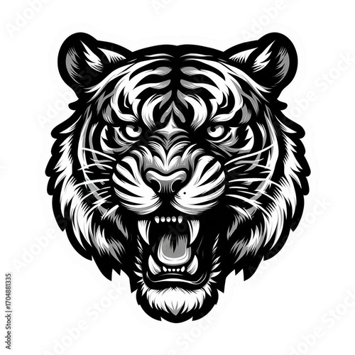 Fierce black and white tiger head with open mouth and bared teeth animal angry