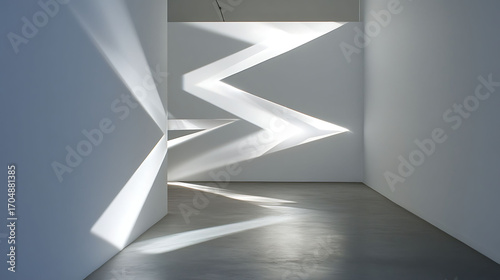 Zigzag-shaped LED lamp built into a white wall, casting graphic shadows across a minimal hallway interior