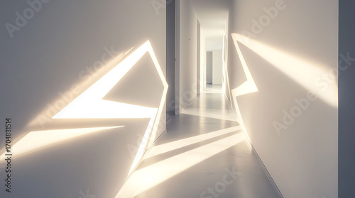 Zigzag-shaped LED lamp built into a white wall, casting graphic shadows across a minimal hallway interior