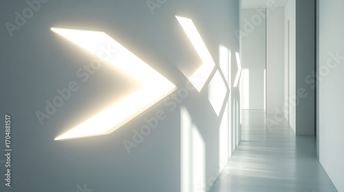 Zigzag-shaped LED lamp built into a white wall, casting graphic shadows across a minimal hallway interior