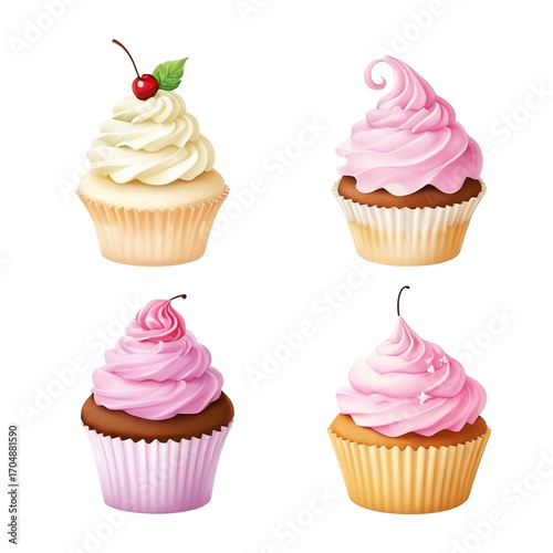 Four Assorted Cupcakes with Cherry and Strawberry Toppings on Wh