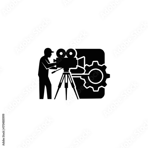 Silhouette of a person operating a vintage film camera with a tripod and gear icon.