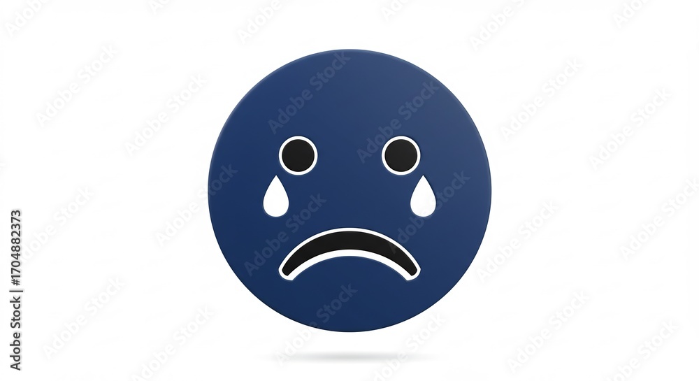 Fototapeta premium 悲しい顔アイコン 深い青色背景 涙が流れるシンプルデザイン. AI Generated