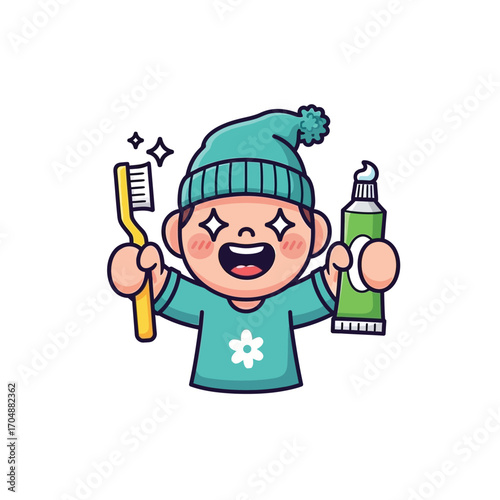Charming cartoon illustration of a happy boy with a toothbrush and toothpaste, ready for his daily dental care routine
