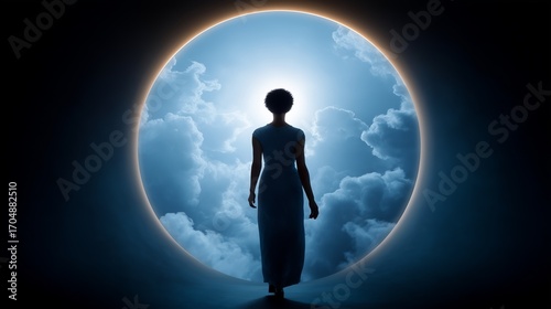 A silhouette of a woman enters a serene, mystical cloud portal, symbolizing transcendence and exploration beyond the ordinary.