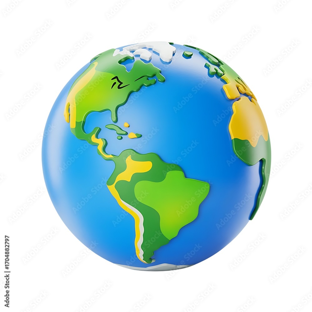 Fototapeta premium 3 D cartoon rendered globe with blue oceans and green yellow continents earth planet world