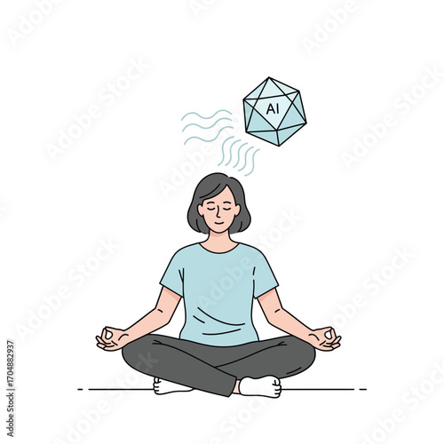 Conceptual illustration of a woman in a yoga pose, meditating and connecting with an artificial intelligence symbol, representing the future of mindfulness and technology