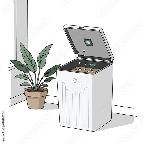 Vector illustration of a smart indoor composter bin, an eco-friendly kitchen gadget for recycling food waste and promoting a zero-waste lifestyle concept