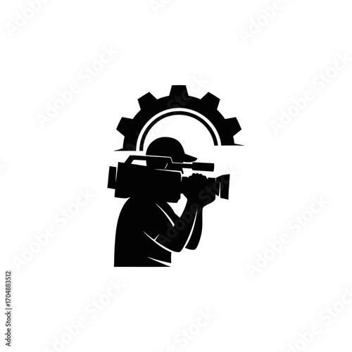 Silhouette of a cameraman filming with a professional camera, overlaid with a gear shape.