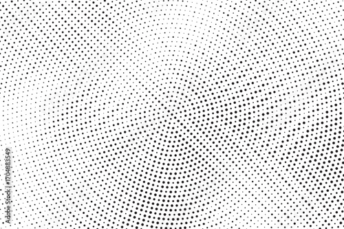 Radial halftone dots. Spotted and dotted stains gradient background. Concentric comic texture with fading effect. Black and white rough gritty wallpaper. Grunge monochrome geometric backdrop. Vector