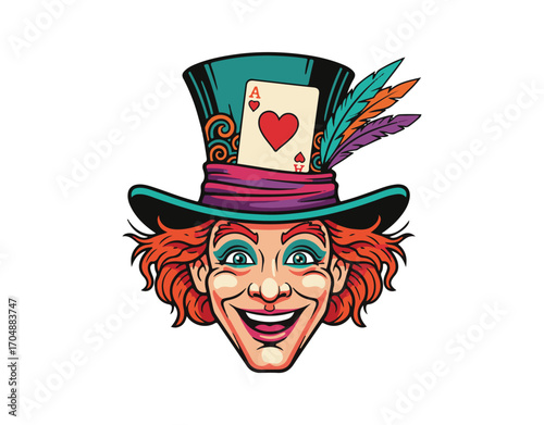 A quirky mad hatter with a hat adorned with playing cards and feathers. A cheerful red-haired face. Vector art.