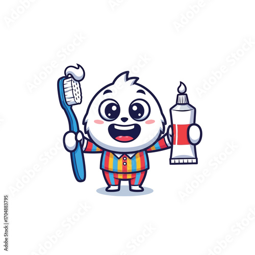 Cheerful cartoon mascot in colorful pajamas encouraging a daily dental care routine with a toothbrush and paste, promoting good oral health and hygiene