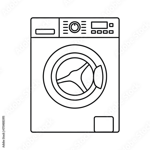 Line art illustration of a washing machine isolated on white background, ideal for laundry services, appliance stores, or household cleaning themes