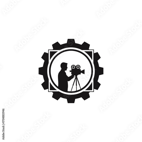 Silhouette logo depicting a filmmaker operating a classic movie camera framed by a square and a gear.
