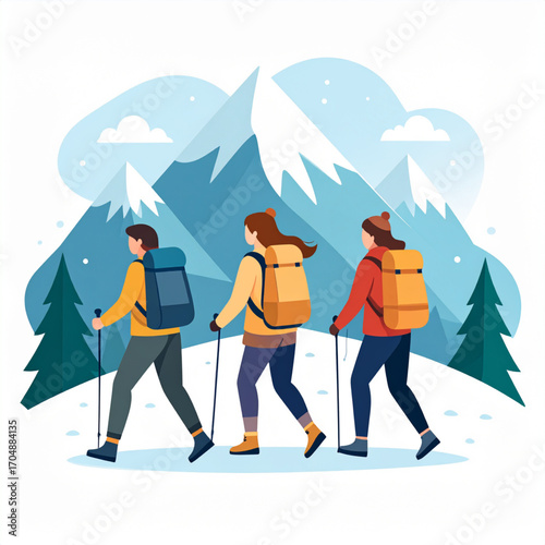 Vector Illustration of Three Mountaineers Ascending Snowy Mountain