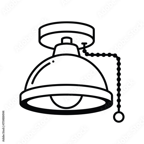 A minimalist line drawing of a ceiling light fixture with a pull chain, isolated on white background, showcasing a simple and modern design element
