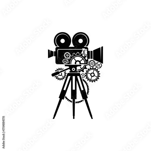 Stylized vintage movie camera with intricate gears and tripod, rendered in a bold black silhouette against a clean white background.