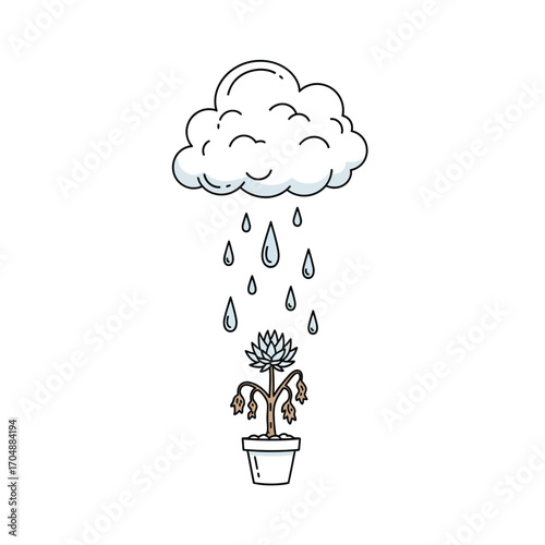 A cute cartoon illustration of a happy cloud raining on a sad, wilting flower in a pot, symbolizing hope, care, and revival from despair