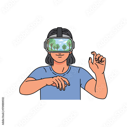 Illustration of a person using VR goggles to interact with a simulated nature environment. Concept of metaverse and digital exploration