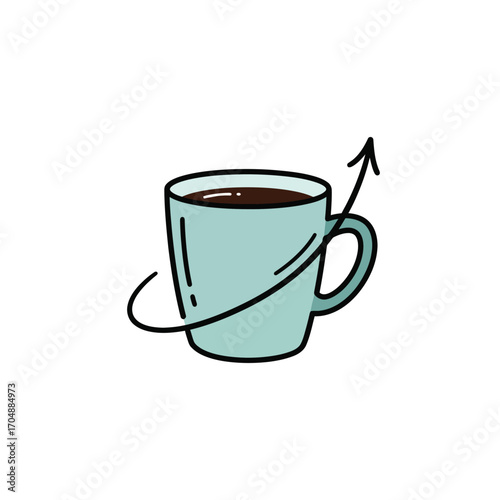 Hand-drawn illustration of a coffee mug with an upward arrow symbolizing the energy boost from a morning caffeine kick for a productive day