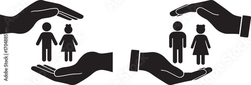 Two pairs of hands protecting family silhouettes